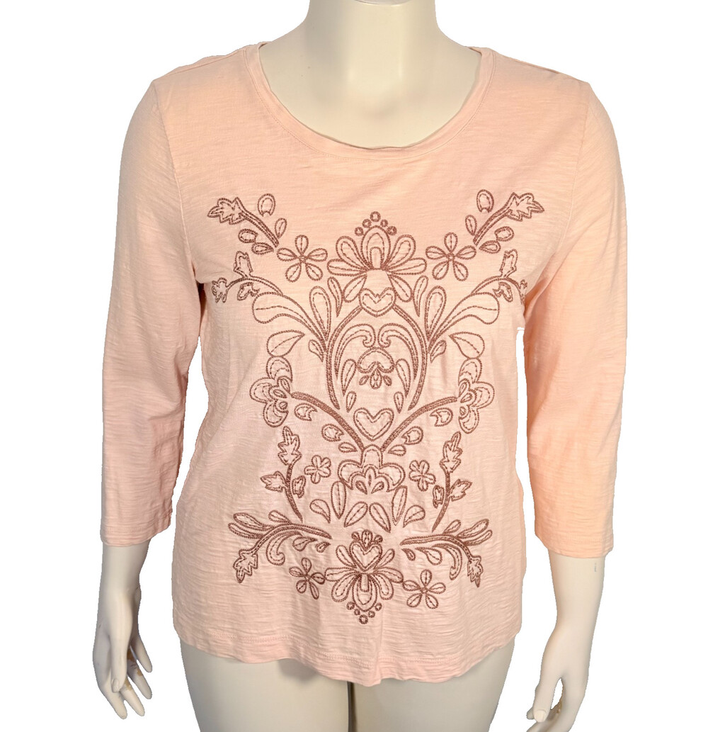 Chico's Top Womens L Light Pink Brown Embroidered 3/4 Sleeve Round Neck